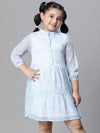 Kids Girl Floral Print Blue Button Detail Round Neck 3/4 Sleeve Pleated  Knee-Length Dress-W23625GDR004