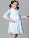 Kids Girl Floral Print Blue Button Detail Round Neck 3/4 Sleeve Pleated  Knee-Length Dress-W23625GDR004