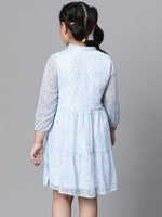 Kids Girl Floral Print Blue Button Detail Round Neck 3/4 Sleeve Pleated  Knee-Length Dress-W23625GDR004