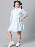 Kids Girl Floral Print Blue Button Detail Round Neck 3/4 Sleeve Pleated  Knee-Length Dress-W23625GDR004