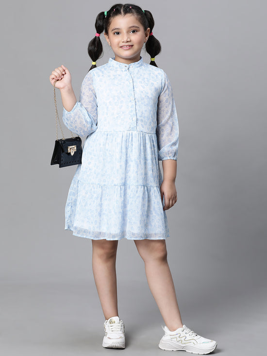 Kids Girl Floral Print Blue Button Detail Round Neck 3/4 Sleeve Pleated  Knee-Length Dress-W23625GDR004