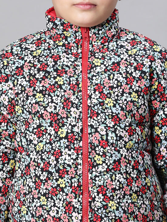 Kids Girl Floral Print Multicolor Zip Lined Long Sleeve Reversible Quilted Jacket-W23626GJK001