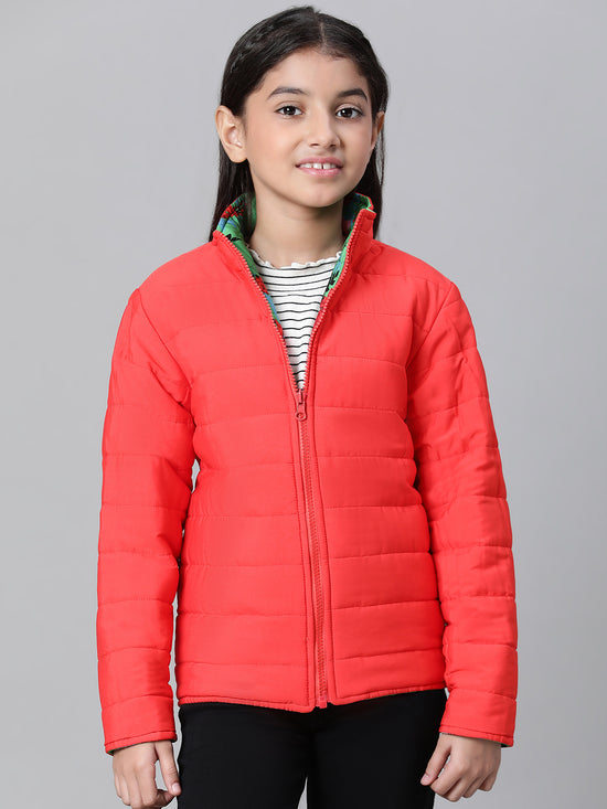 Kids Girl Floral Print Green Zip Lined Long Sleeve Reversible Quilted Jacket-W23626GJK006