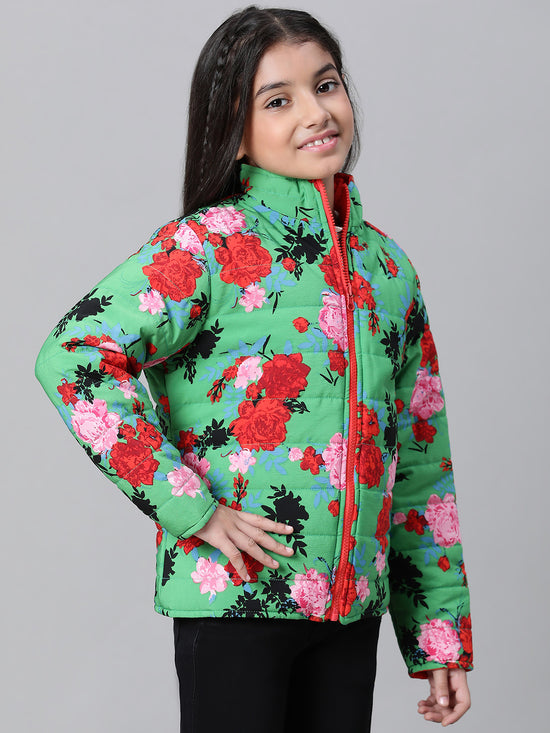 Kids Girl Floral Print Green Zip Lined Long Sleeve Reversible Quilted Jacket-W23626GJK006