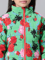 Kids Girl Floral Print Green Zip Lined Long Sleeve Reversible Quilted Jacket-W23626GJK006