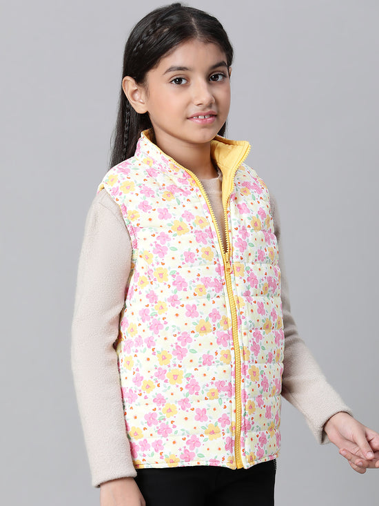 Kids Girl Floral Print Multicolor Zip Lined Sleeveless Reversible Quilted Jacket-W23627GJK001