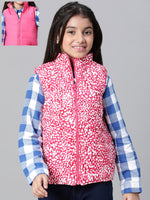 Kids Girl Floral Print Pink Zip Lined Sleeveless Reversible Quilted Jacket-W23627GJK002