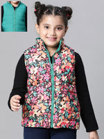 Kids Girl Floral Print Multicolor Zip Lined Sleeveless Reversible Quilted Jacket-W23627GJK004