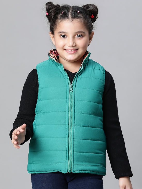 Kids Girl Floral Print Multicolor Zip Lined Sleeveless Reversible Quilted Jacket-W23627GJK004