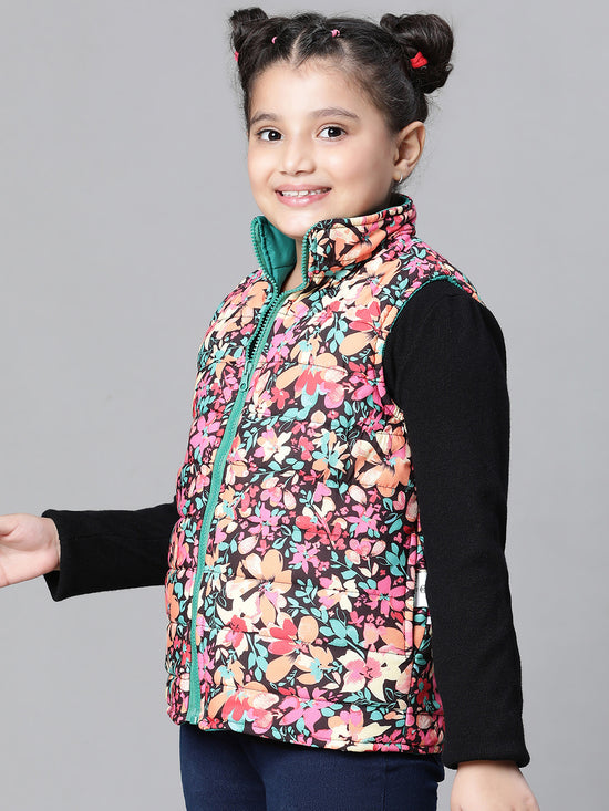 Kids Girl Floral Print Multicolor Zip Lined Sleeveless Reversible Quilted Jacket-W23627GJK004