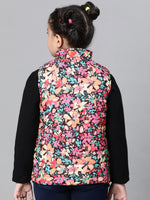 Kids Girl Floral Print Multicolor Zip Lined Sleeveless Reversible Quilted Jacket-W23627GJK004