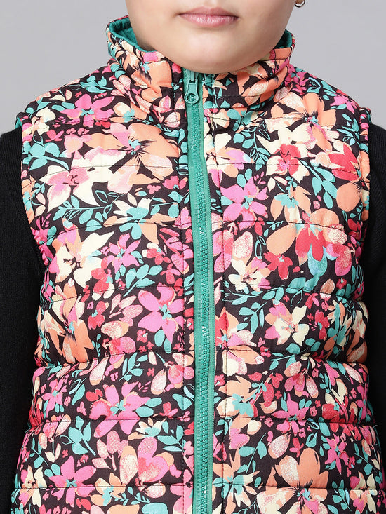 Kids Girl Floral Print Multicolor Zip Lined Sleeveless Reversible Quilted Jacket-W23627GJK004