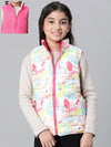 Glinting Multicolor Floral Print Zip Lined Sleeveless Reversible Quilted Girl Jacket-W23627GJK005