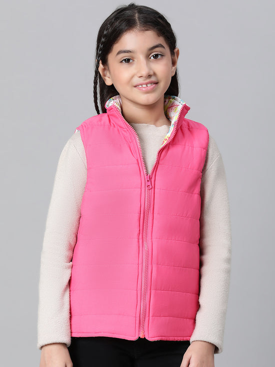 Glinting Multicolor Floral Print Zip Lined Sleeveless Reversible Quilted Girl Jacket-W23627GJK005