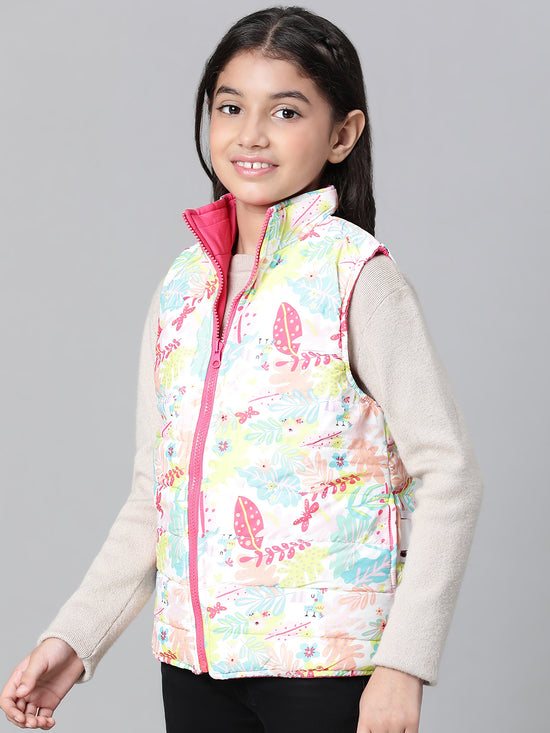 Glinting Multicolor Floral Print Zip Lined Sleeveless Reversible Quilted Girl Jacket-W23627GJK005