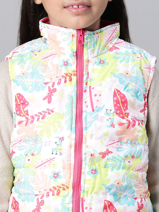 Glinting Multicolor Floral Print Zip Lined Sleeveless Reversible Quilted Girl Jacket-W23627GJK005