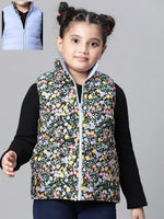 Kids Girl Floral Print Multicolor Zip Lined Sleeveless Reversible Quilted Jacket-W23627GJK007