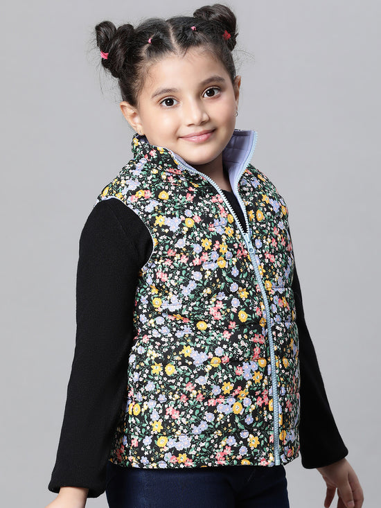 Kids Girl Floral Print Multicolor Zip Lined Sleeveless Reversible Quilted Jacket-W23627GJK007