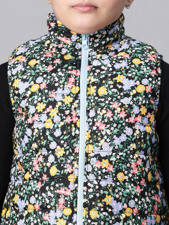 Kids Girl Floral Print Multicolor Zip Lined Sleeveless Reversible Quilted Jacket-W23627GJK007