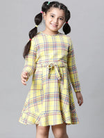 Kids Girl Yellow Brush Check Round Neck Long Sleeve Tie-Knot Waist Belted Flare Cotton Dress-W23628GDR001