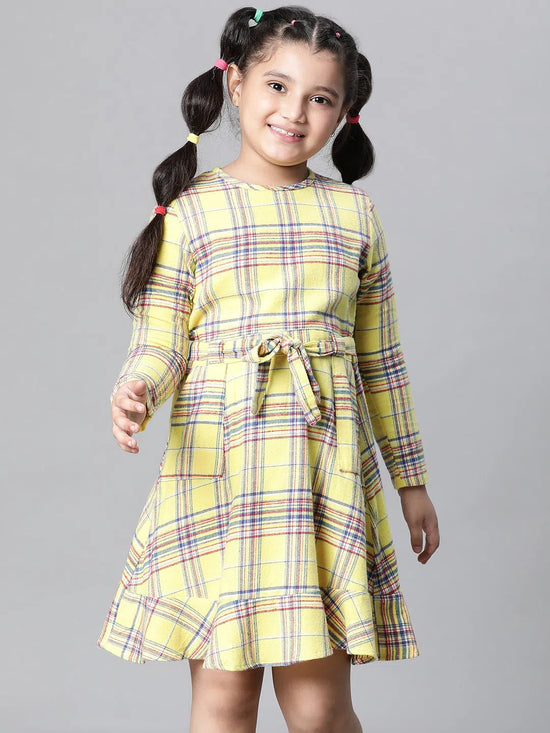 Kids Girl Yellow Brush Check Round Neck Long Sleeve Tie-Knot Waist Belted Flare Cotton Dress-W23628GDR001