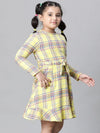 Kids Girl Yellow Brush Check Round Neck Long Sleeve Tie-Knot Waist Belted Flare Cotton Dress-W23628GDR001