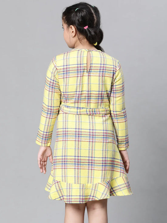 Kids Girl Yellow Brush Check Round Neck Long Sleeve Tie-Knot Waist Belted Flare Cotton Dress-W23628GDR001