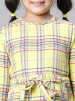 Kids Girl Yellow Brush Check Round Neck Long Sleeve Tie-Knot Waist Belted Flare Cotton Dress-W23628GDR001