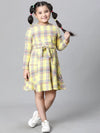 Kids Girl Yellow Brush Check Round Neck Long Sleeve Tie-Knot Waist Belted Flare Cotton Dress-W23628GDR001