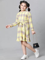 Kids Girl Yellow Brush Check Round Neck Long Sleeve Tie-Knot Waist Belted Flare Cotton Dress-W23628GDR001