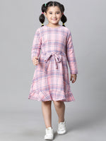 Kids Girl Pink Brush Check Round Neck Long Sleeve Tie-Knot Waist Belted Flare Cotton Dress-W23628GDR002