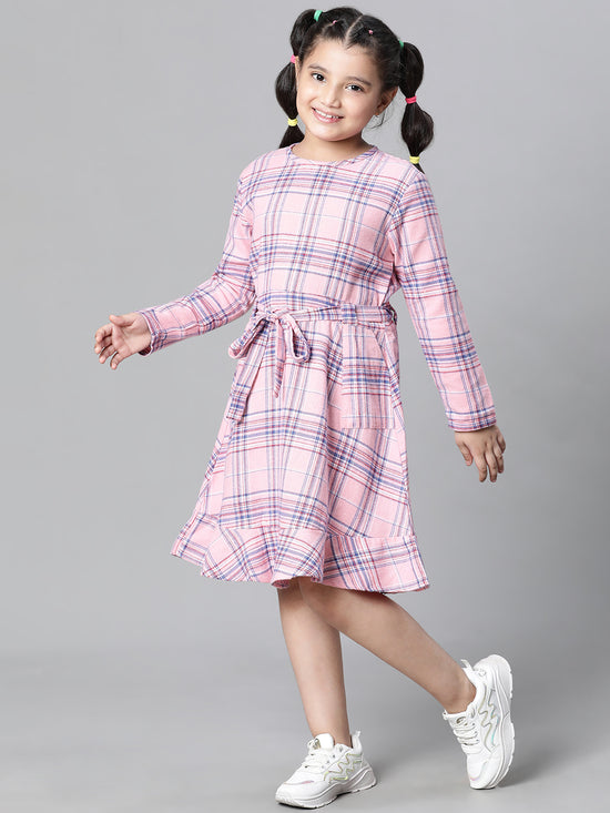 Kids Girl Pink Brush Check Round Neck Long Sleeve Tie-Knot Waist Belted Flare Cotton Dress-W23628GDR002