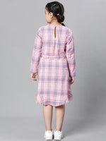 Kids Girl Pink Brush Check Round Neck Long Sleeve Tie-Knot Waist Belted Flare Cotton Dress-W23628GDR002