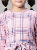 Kids Girl Pink Brush Check Round Neck Long Sleeve Tie-Knot Waist Belted Flare Cotton Dress-W23628GDR002