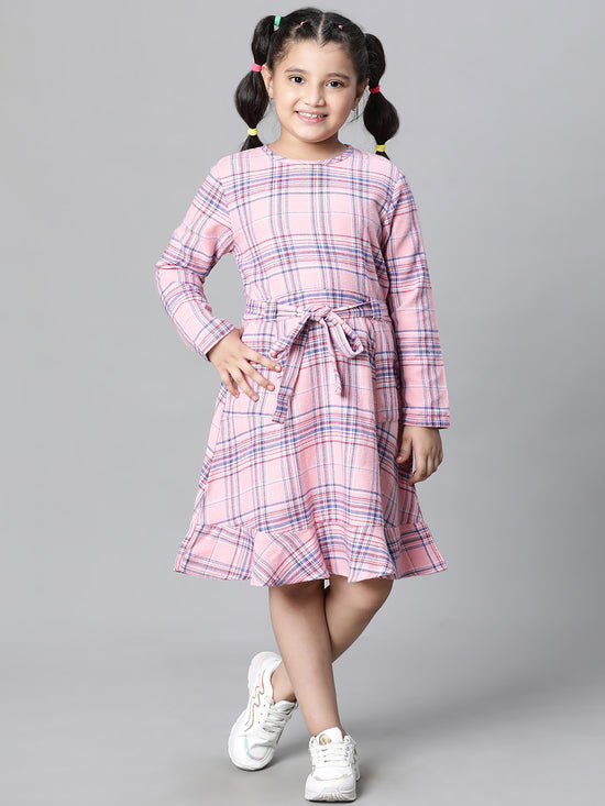 Kids Girl Pink Brush Check Round Neck Long Sleeve Tie-Knot Waist Belted Flare Cotton Dress-W23628GDR002