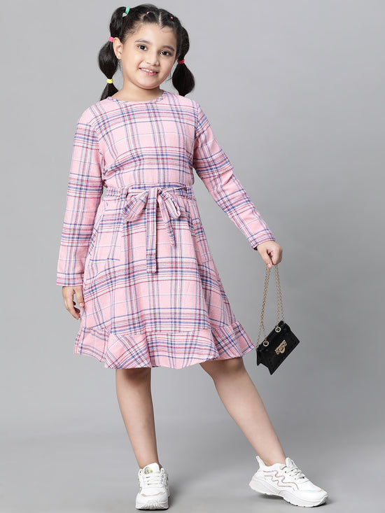 Kids Girl Pink Brush Check Round Neck Long Sleeve Tie-Knot Waist Belted Flare Cotton Dress-W23628GDR002