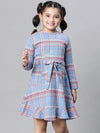 Kids Girl Blue Brush Check Round Neck Long Sleeve Tie-Knot Waist Belted Flare Cotton Dress-W23628GDR003