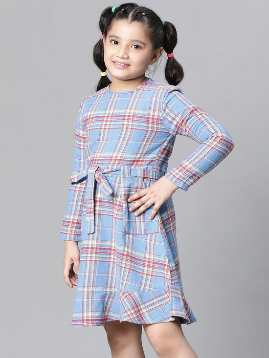 Kids Girl Blue Brush Check Round Neck Long Sleeve Tie-Knot Waist Belted Flare Cotton Dress-W23628GDR003