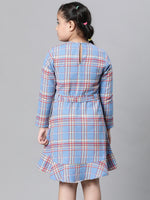 Kids Girl Blue Brush Check Round Neck Long Sleeve Tie-Knot Waist Belted Flare Cotton Dress-W23628GDR003