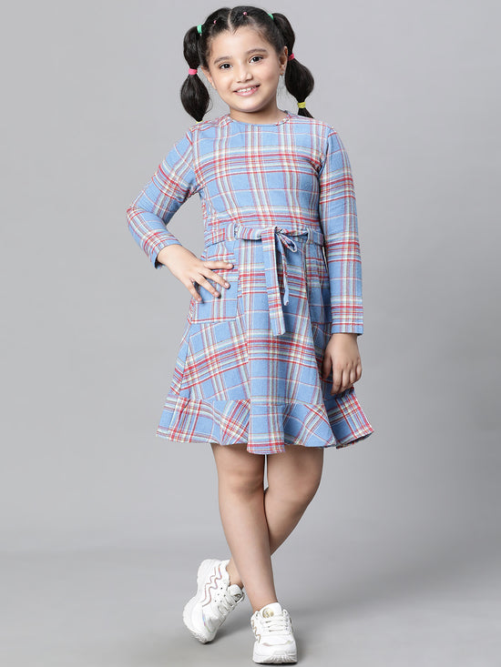 Kids Girl Blue Brush Check Round Neck Long Sleeve Tie-Knot Waist Belted Flare Cotton Dress-W23628GDR003