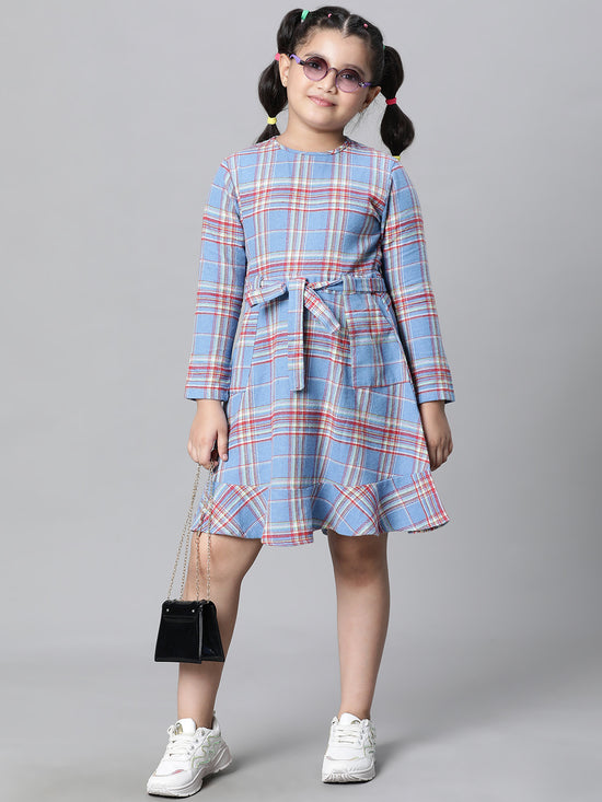 Kids Girl Blue Brush Check Round Neck Long Sleeve Tie-Knot Waist Belted Flare Cotton Dress-W23628GDR003