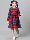 Kids Girl Red Brush Check Round Neck Long Sleeve Tie-Knot Waist Belted Flare Cotton Dress-W23628GDR004