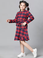 Kids Girl Red Brush Check Round Neck Long Sleeve Tie-Knot Waist Belted Flare Cotton Dress-W23628GDR004