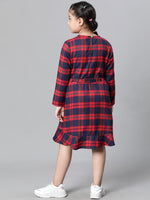 Kids Girl Red Brush Check Round Neck Long Sleeve Tie-Knot Waist Belted Flare Cotton Dress-W23628GDR004