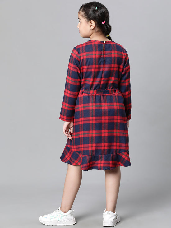 Kids Girl Red Brush Check Round Neck Long Sleeve Tie-Knot Waist Belted Flare Cotton Dress-W23628GDR004