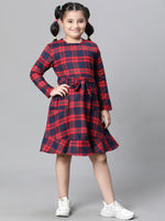 Kids Girl Red Brush Check Round Neck Long Sleeve Tie-Knot Waist Belted Flare Cotton Dress-W23628GDR004