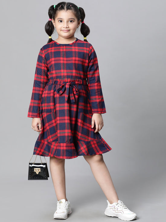 Kids Girl Red Brush Check Round Neck Long Sleeve Tie-Knot Waist Belted Flare Cotton Dress-W23628GDR004