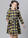 Kids Girl Multicolor Brush Check Round Neck Long Sleeve Tie-Knot Waist Belted Flare Cotton Dress-W23628GDR005