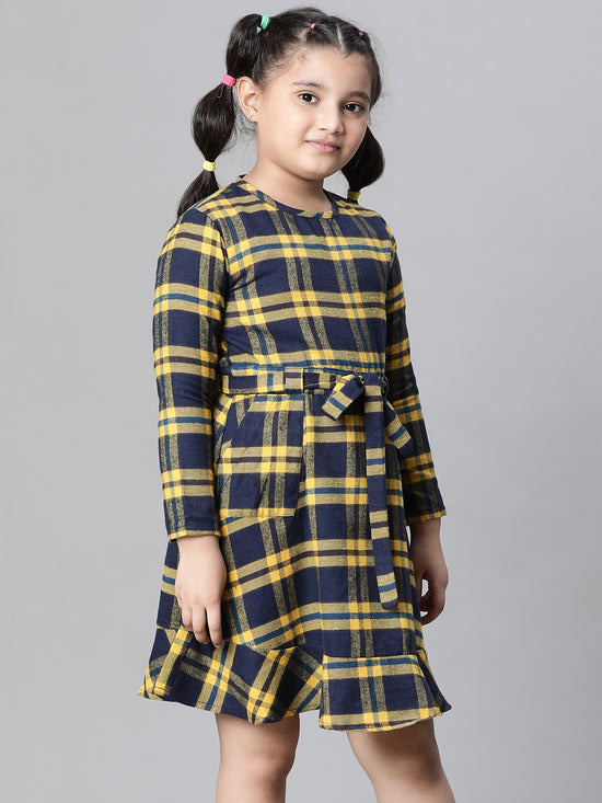 Kids Girl Multicolor Brush Check Round Neck Long Sleeve Tie-Knot Waist Belted Flare Cotton Dress-W23628GDR005