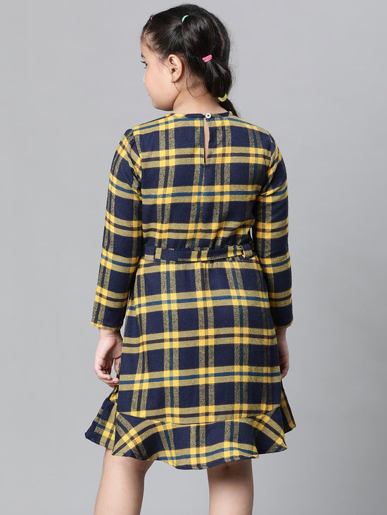 Kids Girl Multicolor Brush Check Round Neck Long Sleeve Tie-Knot Waist Belted Flare Cotton Dress-W23628GDR005